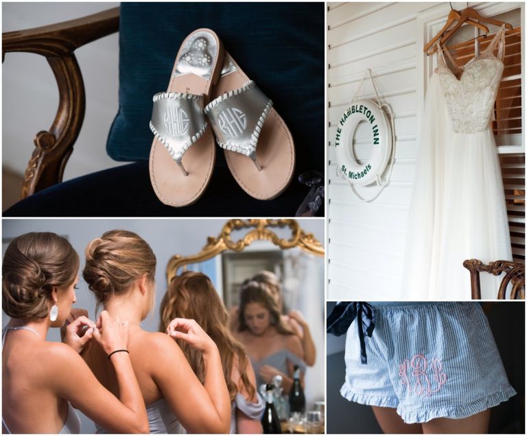 Eastern Shore Wedding Bride details, shoes, monogramed shorts shot by Melissa Grimes-Guy Photography in St. Michales, MD