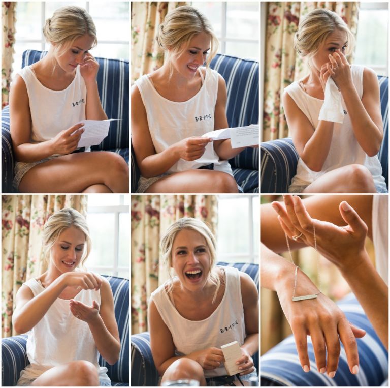 Eastern Shore Wedding bride opening gift from groom at the Hambleton Inn Bed and Breakfast in St. Michaels, MD 