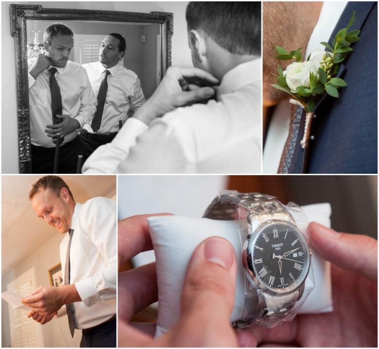 Eastern Shore Wedding groom getting his tie on and receiving gift of Tissot watch from bride in St. Michaels, MD