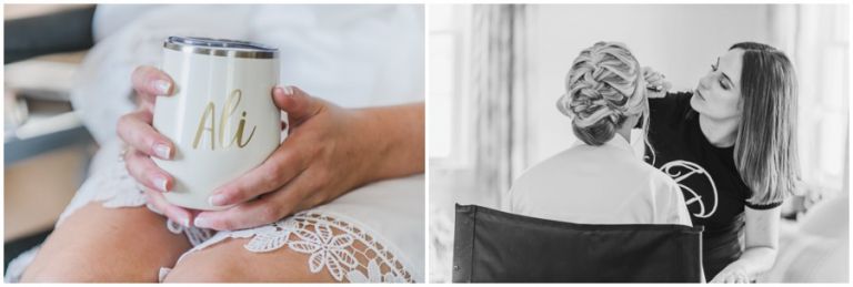 Bride's hairstyle and custom cup detail from a wedding at The Oaks by Melissa Grimes-Guy Photography
