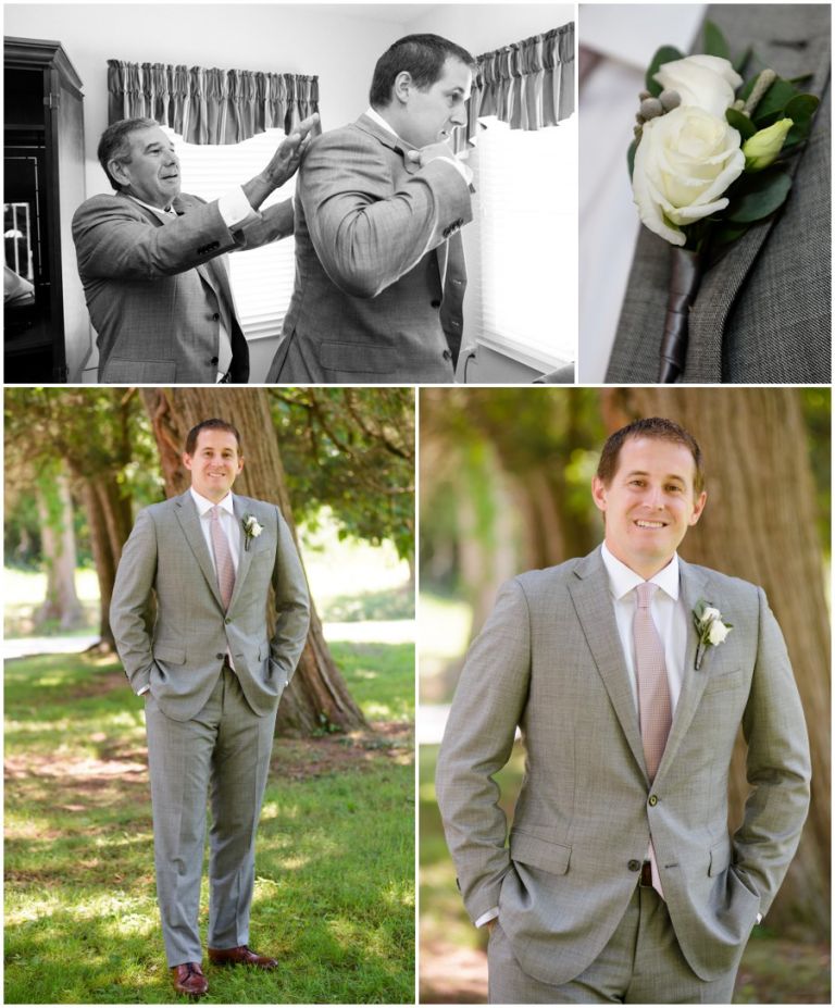 Groom in grey suit poses for portraits at The Oaks by Melissa Grimes-Guy Photography