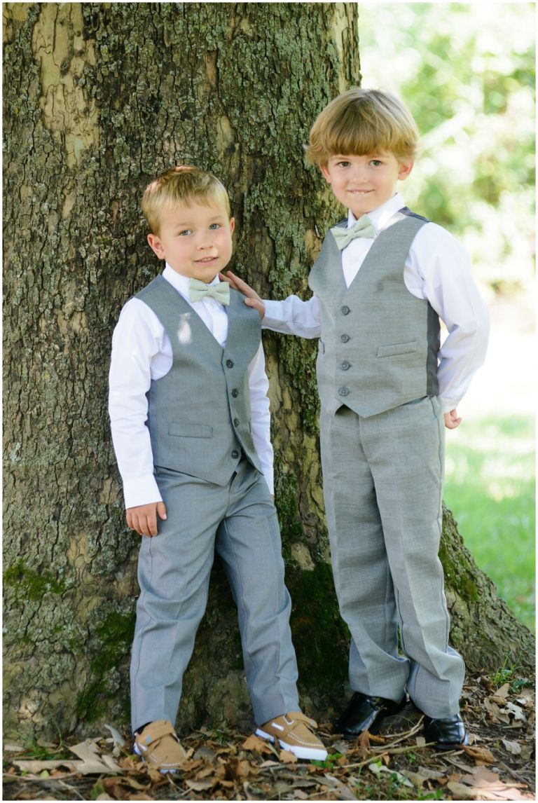 Little ring bearers in grey suits at a wedding at The Oaks by Melissa Grimes-Guy Photography