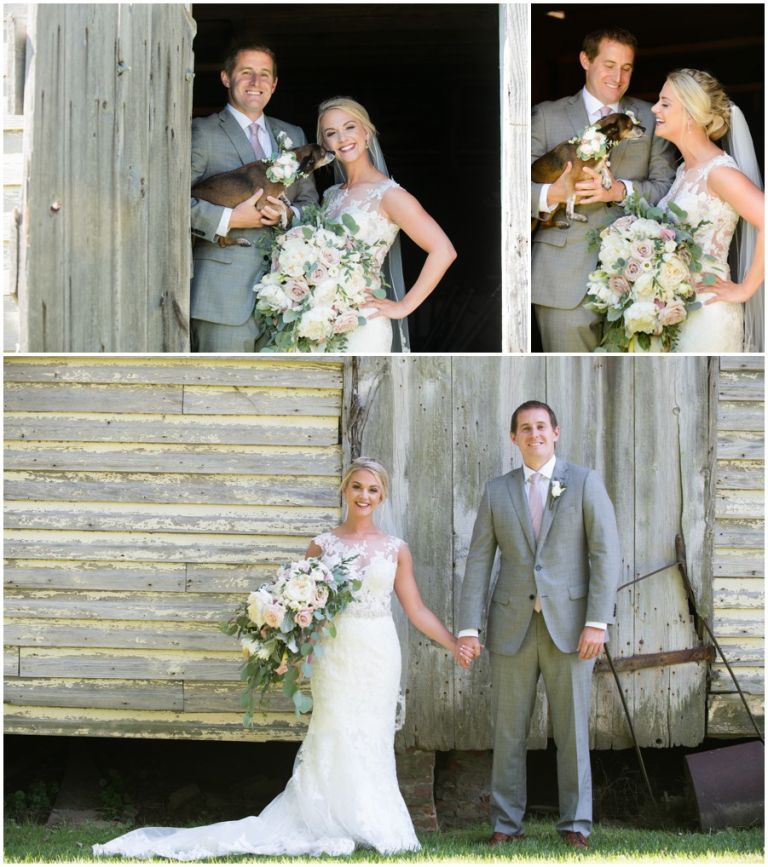Wedding couple poses in front of barn at The Oaks by Melissa Grimes-Guy Photography