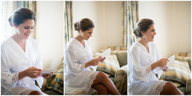 Bride reading a special pre-ceremony note from the groom at The Oaks Waterfront Inn in St. Michaels, MD by Melissa Grimes-Guy Photography