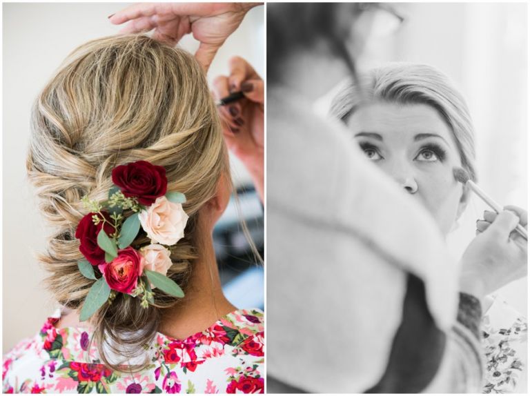 Bride's hairstyle with flowers in her hair and her make-up being applied at The Oaks by Melissa Grimes-Guy Photography