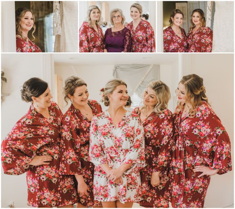 Bride and bridesmaids in flower robes at The Oaks in St. Michaels, MD by Melissa Grimes-Guy Photography