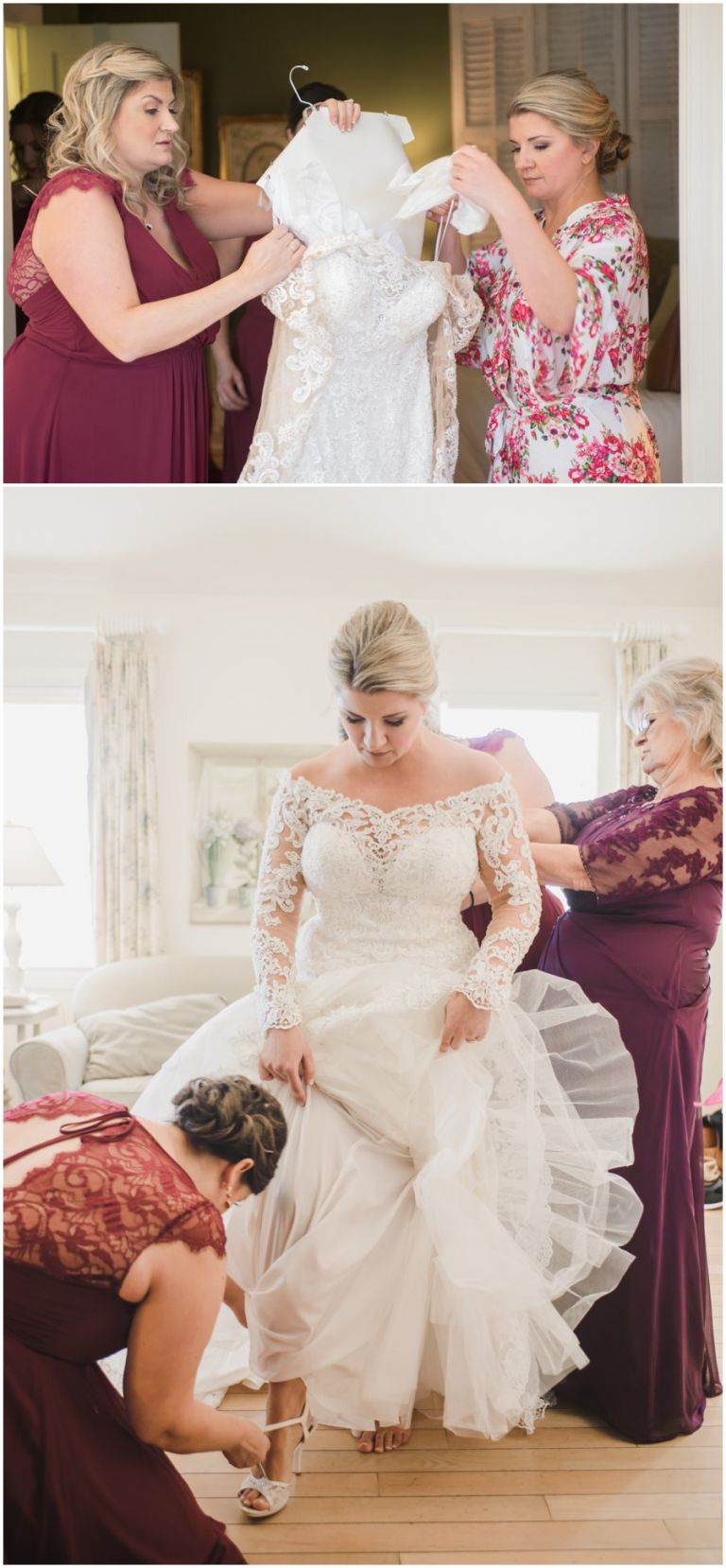 Bride dresses in her gown and shoes at The Oaks in St. Michaels, MD by Melissa Grimes-Guy Photography